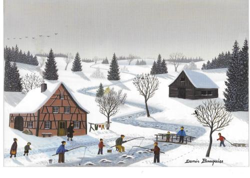 Illustration of winter landscape with houses and people fishing in the village