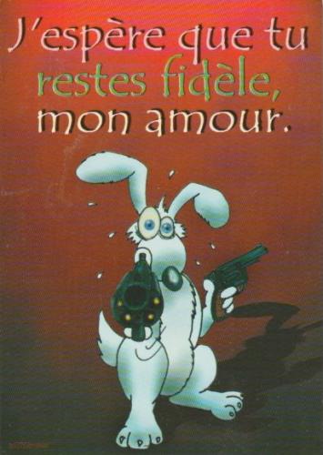 A stamp printed in the Netherlands shows a rabbit with a gun, circa 1984