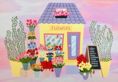 flowers shop, watercolor painting on canvas, for your design