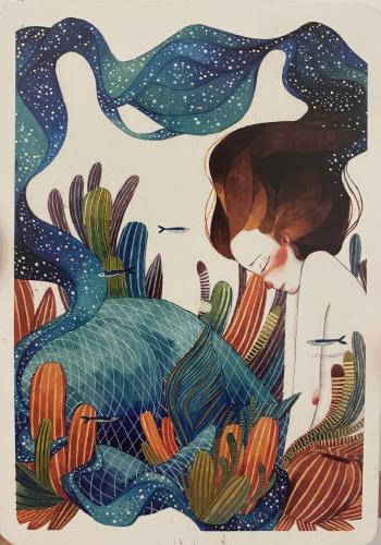 Artistic illustration of a woman with cactus in her hand.