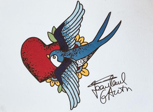 Bird with a heart on a white background. Tattoo idea.