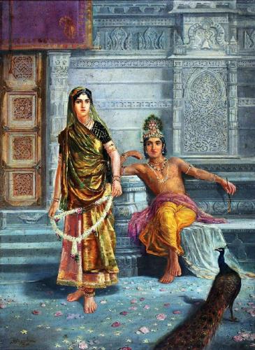 Indian woman and man in the ancient temple. Painting on canvas.