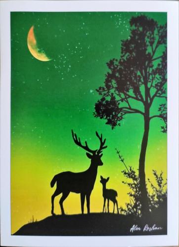 Christmas card with deer and moon on green background. Christmas card.