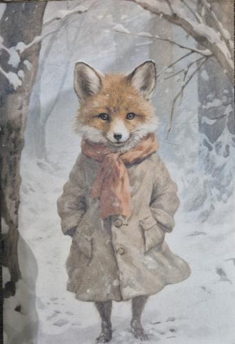 red fox in a coat and scarf on a background of winter forest