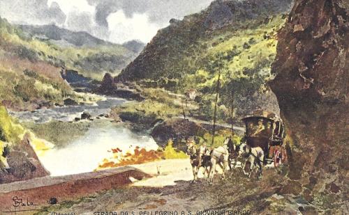 Vintage illustration of horse-drawn carriage on the river in the mountains