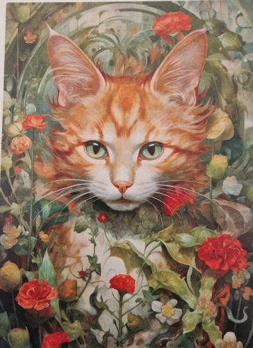 Red cat with green eyes and red flowers in the vase.