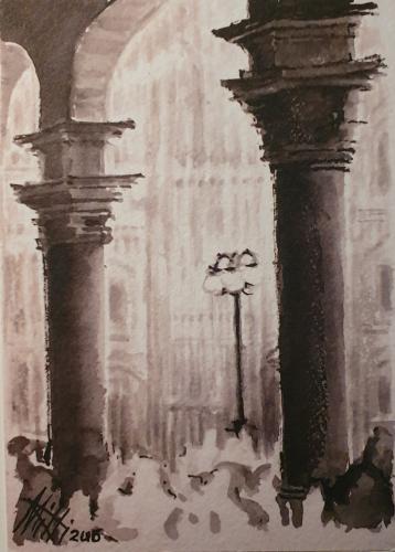 Watercolor painting of an old street lamp on the background of an old building
