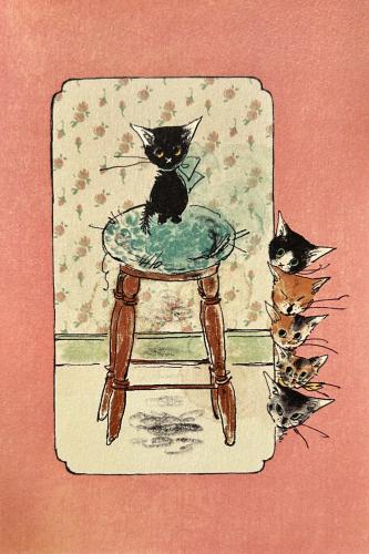 Illustration of a black cat and kittens sitting on a chair.