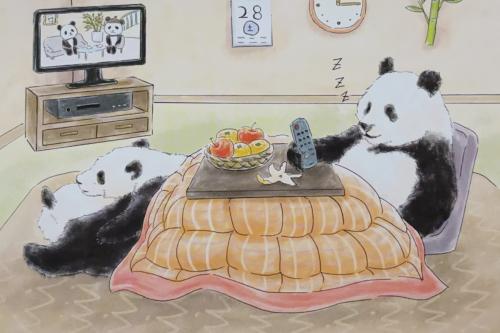 panda bear eating cake in the living room of a children's room