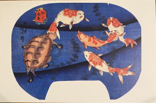 An antique photo of a turtle and goldfish on a blue background