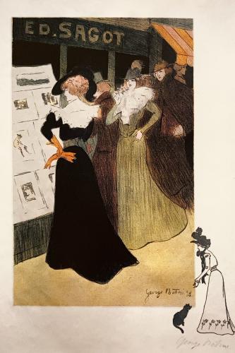 Old postcard with a drawing of the bride and groom, vintage