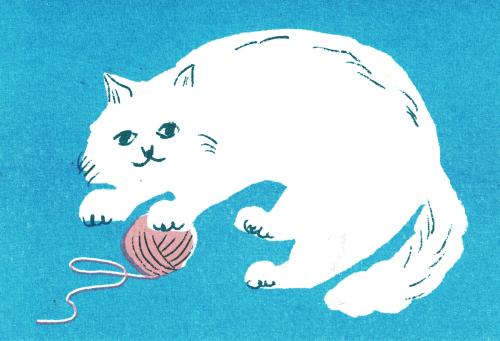Illustration of a cat with a ball of yarn on a blue background