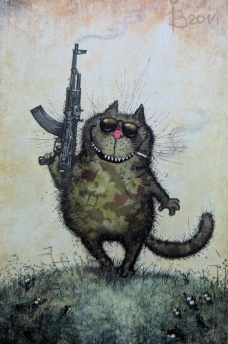 Kitten with a machine gun on a grunge background. Hand-drawn illustration.
