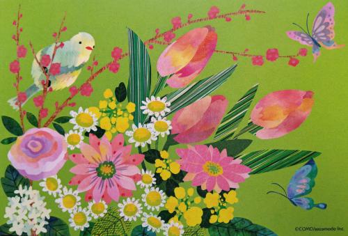 Watercolor painting of flowers and birds on green background. Hand painted illustration.