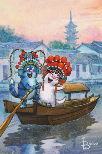 Chinese traditional painting, dragon and lion dance on the boat, watercolors