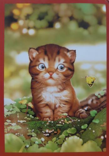 Kitten sitting on a tree with a butterfly in the background.