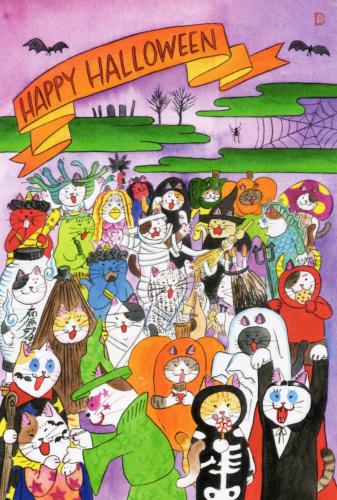 Halloween background with a lot of different people. Hand drawn illustration.