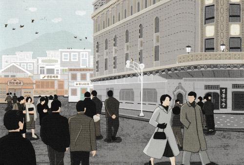 Illustration of people walking in the street with buildings in the background