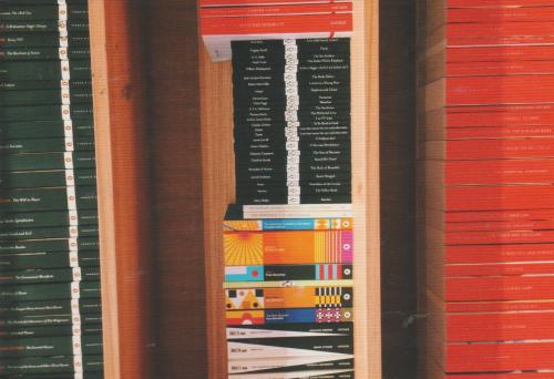 Vintage photo of a book shelf in a book store, stock photo