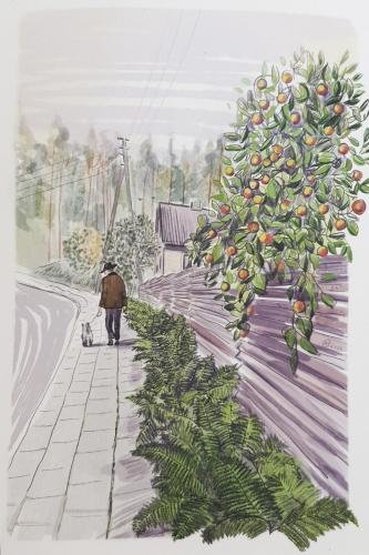 Painting of a woman walking along a street with orange trees.