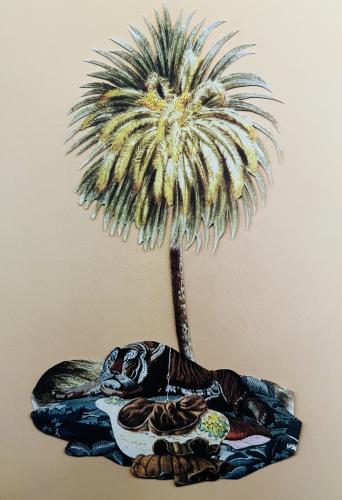 Tropical palm tree on a beige background. Handmade.