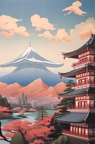 Mt. Fuji and pagoda in Japan. Painting on canvas.