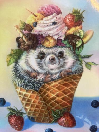Cute little hedgehog in a waffle cone with berries.