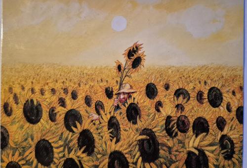 Painting of a sunflower field with a woman in the background