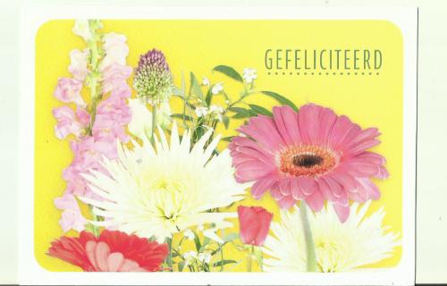 Gift card with gerbera and daisy flowers on yellow background