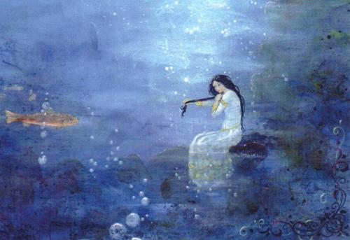Watercolor painting of a girl in a white dress on a blue background