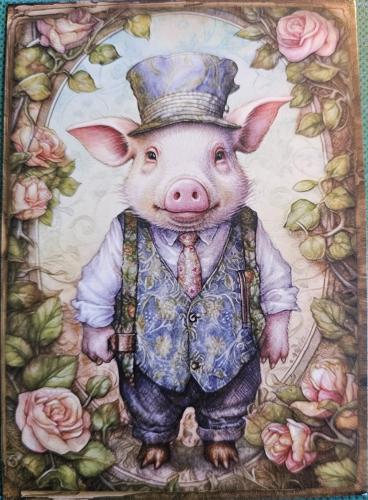 Portrait of a pig in a hat with a bow tie and flowers.