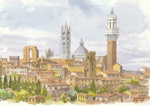 Watercolor painting of the city of Siena, Italy.