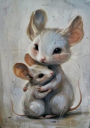 Two mice in love. The picture was painted in oil on canvas.