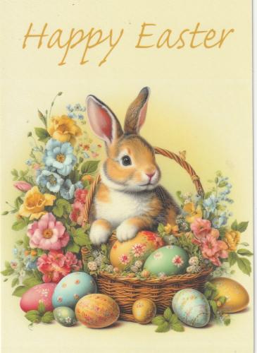 Easter greeting card with rabbit and basket of easter eggs.