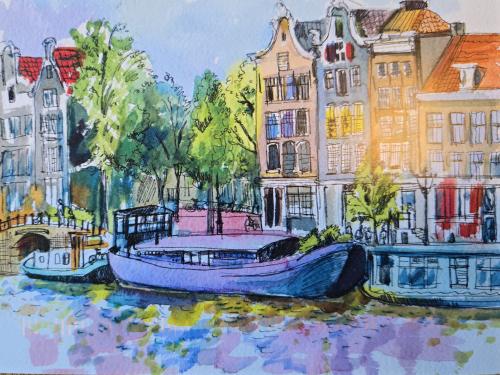Watercolor painting of Amsterdam cityscape with boat on the canal, Netherlands