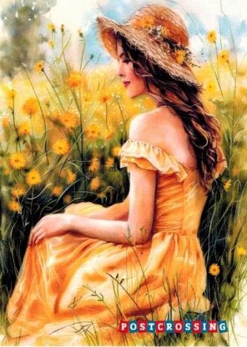 Beautiful girl in a field of yellow flowers. Oil painting.
