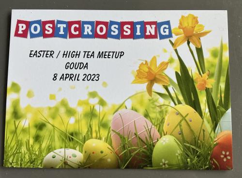 Easter greeting card with daffodils and easter eggs
