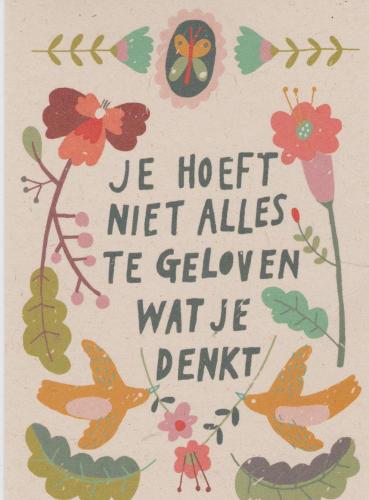 Cute postcard with hand drawn flowers, butterflies and birds.