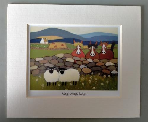Sheep picture in a wooden frame, with the image of the village.