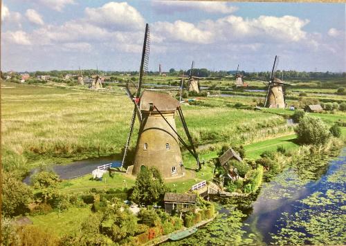 Old windmills in Kinderdijk, Netherlands. Vintage postcard