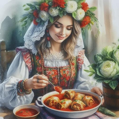 Beautiful girl in a Russian national dress with a wreath of flowers on her head eats pancakes.