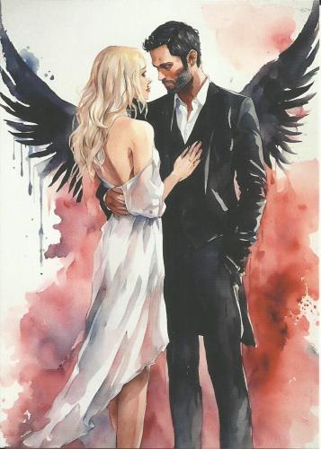 Passionate couple in love with wings on watercolor background.