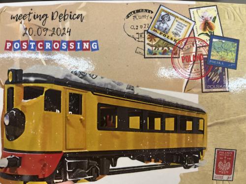 Old postcard with the image of the train in the snow.