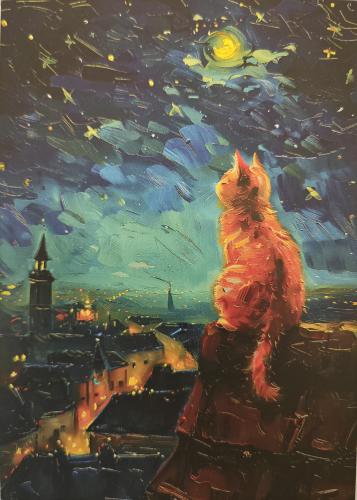 Digital painting of a cat on the background of the city in the night