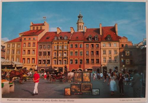 A postcard printed in Poland shows the town of Warsaw circa 2014.