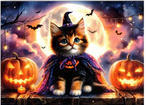 Halloween cat in witch costume with pumpkin on background of full moon