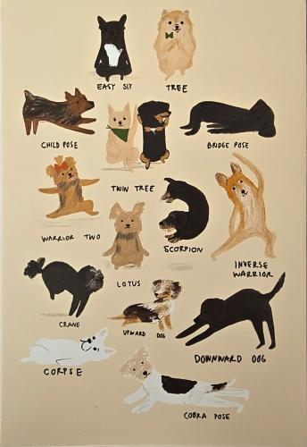 Dog breeds of different colors, drawing by hand on a paper.