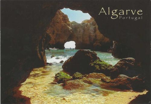 Algarve, Portugal. Vintage postcard. Travel and adventure