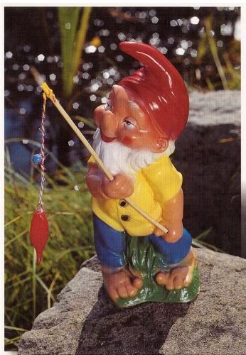Sculpture of a gnome with a fishing rod.