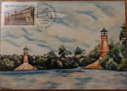 Vintage postcard with a lighthouse in the middle of the river